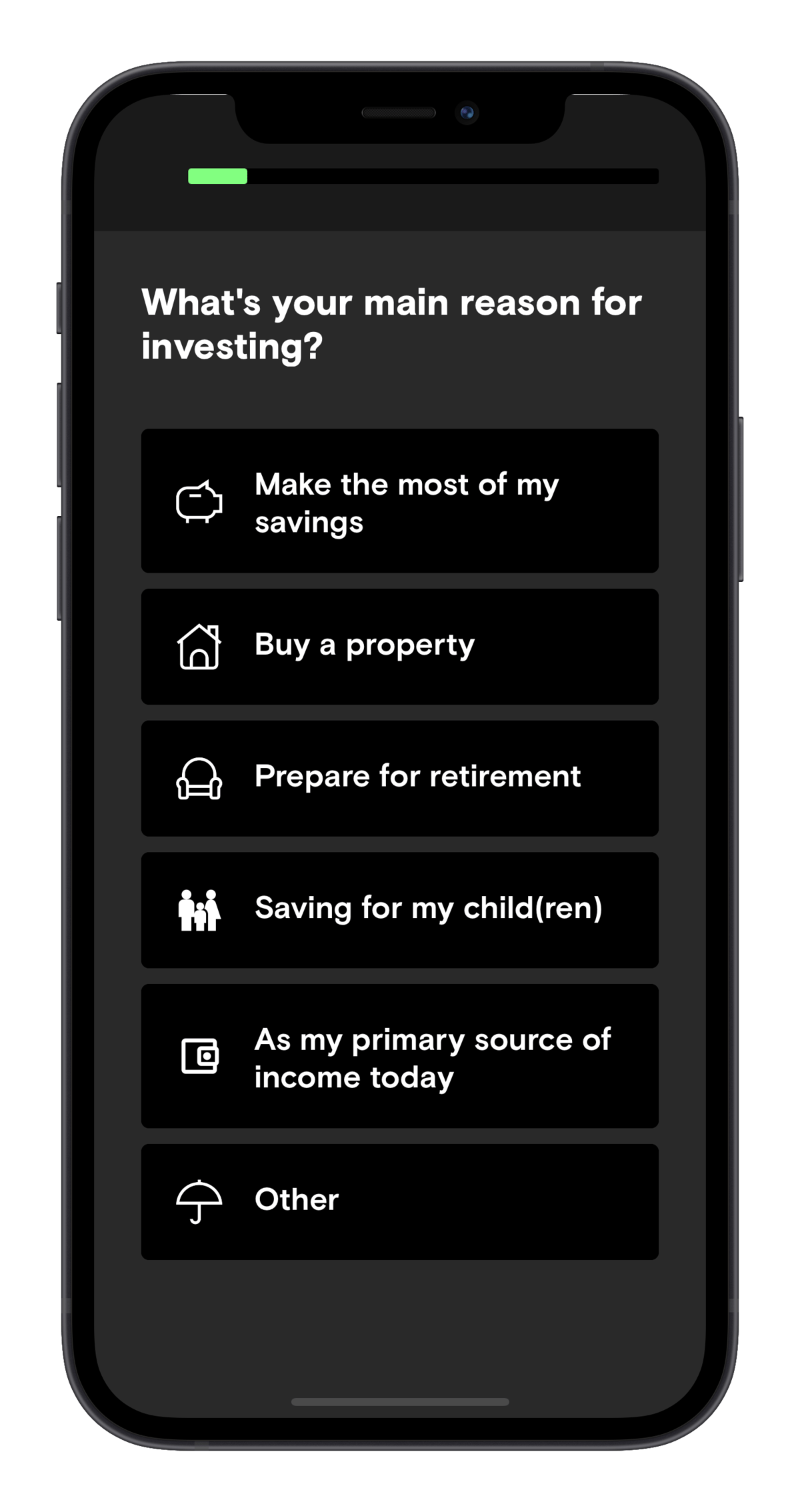 Risk profile question screen of the Curvo app