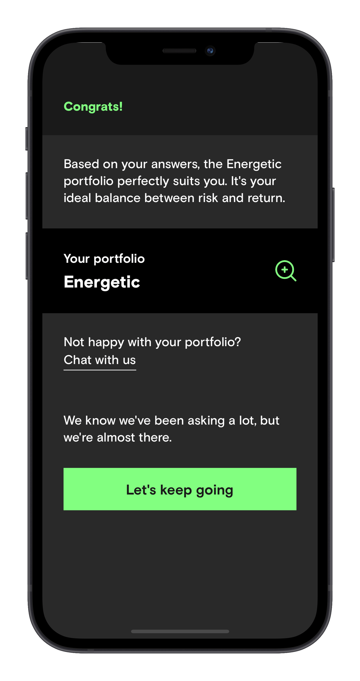 Screenshot of the Curvo app when getting the portfolio that suits you