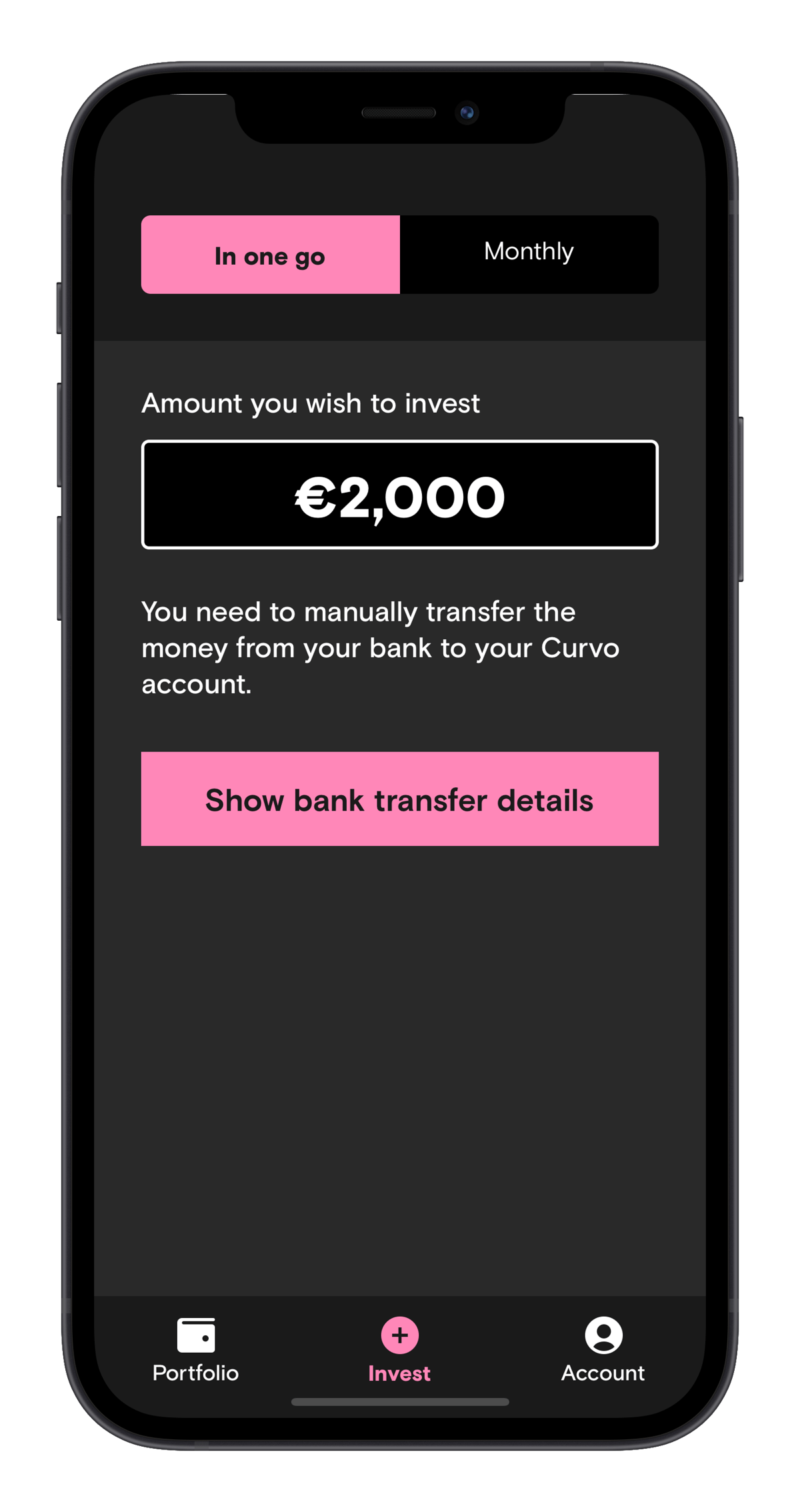 Screenshot of the Curvo app when investing in one go