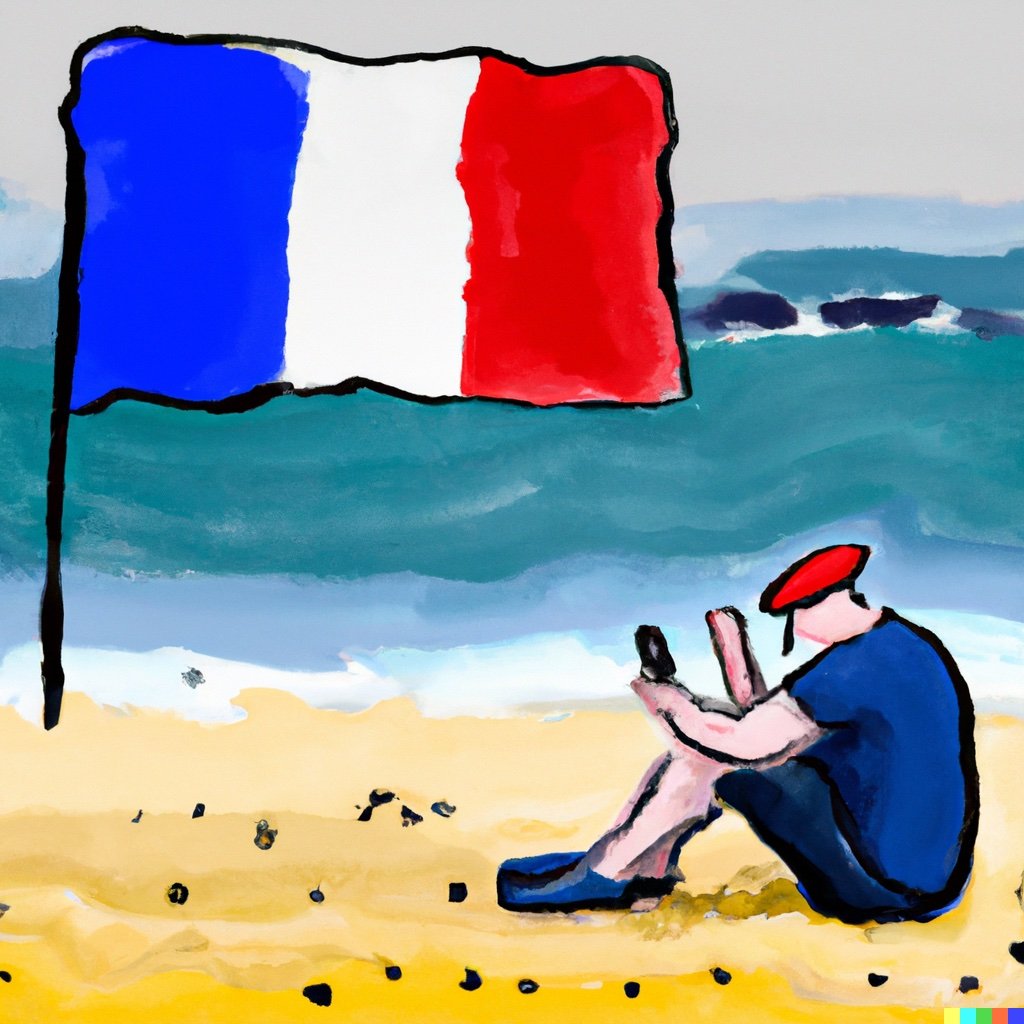 A french man on a beach on his phone with a french flag in water painting