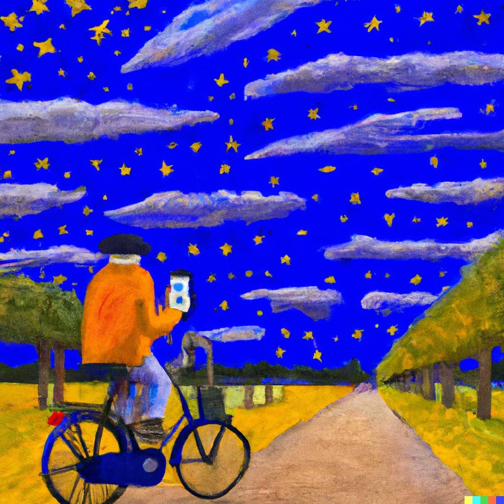 A dutch person on a bike on his phone with a dutch flag in starry nights by Van Gogh