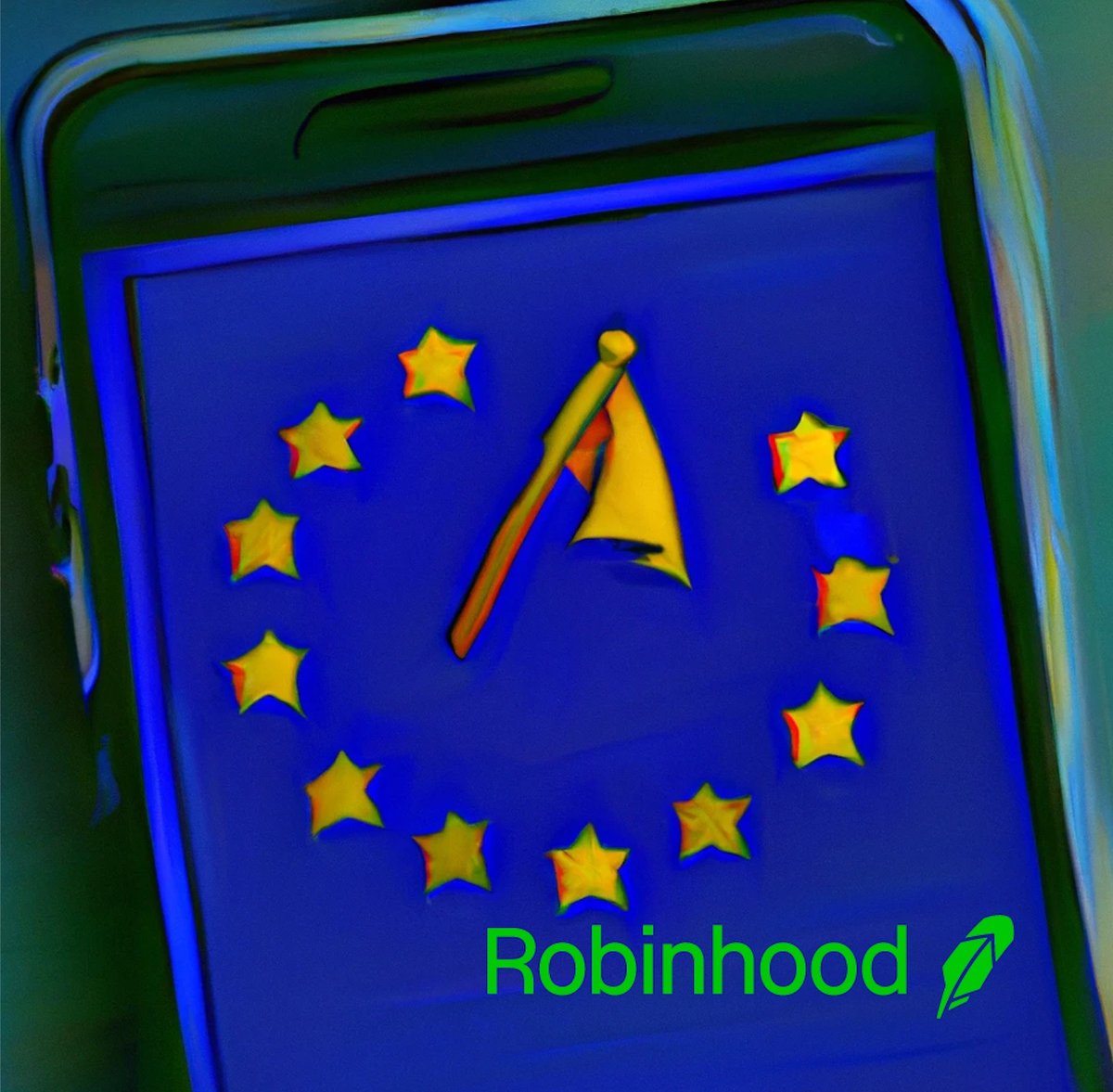 Smartphone with the EU flag and Robinhood logo