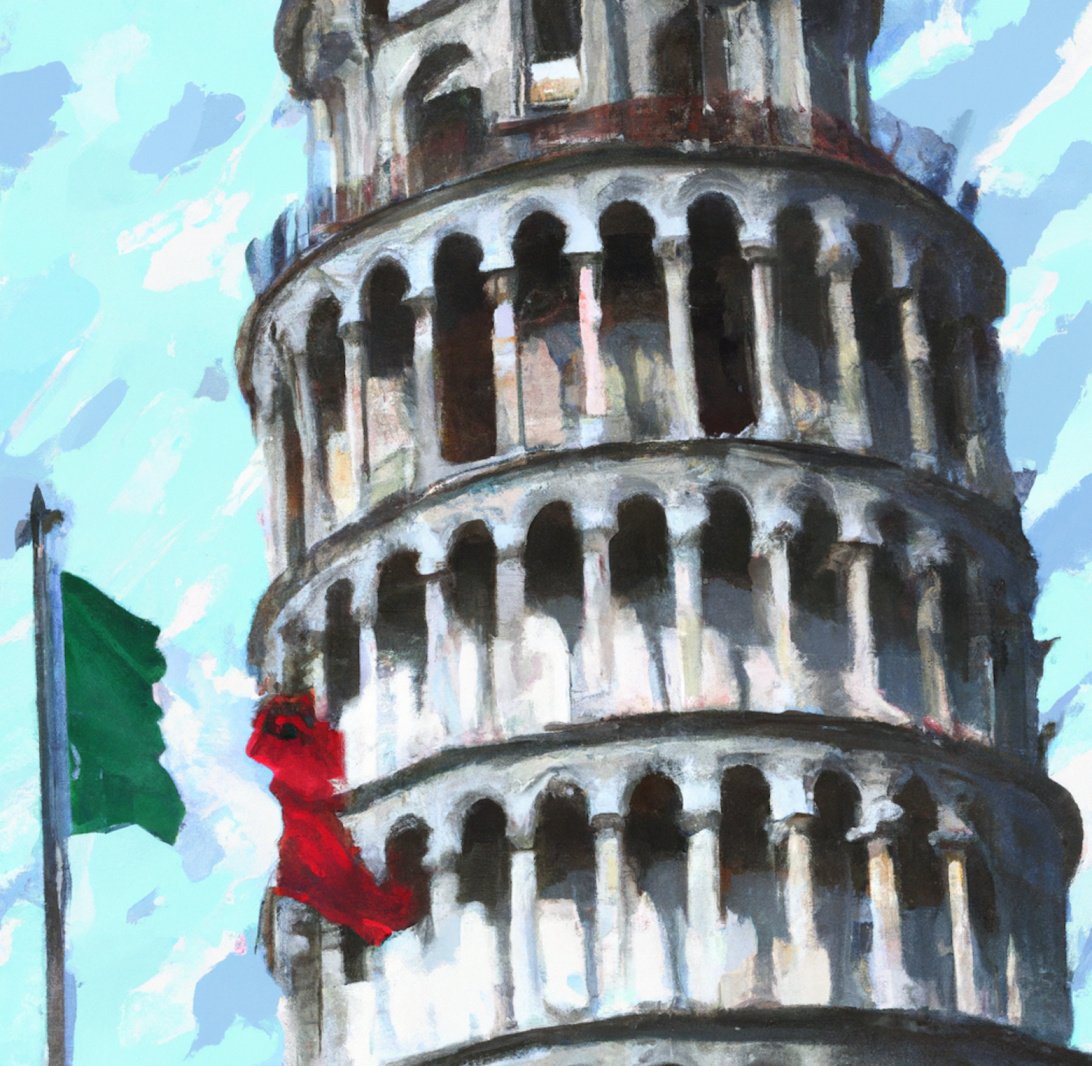 Italy flag behind backdrop of tower of Pisa