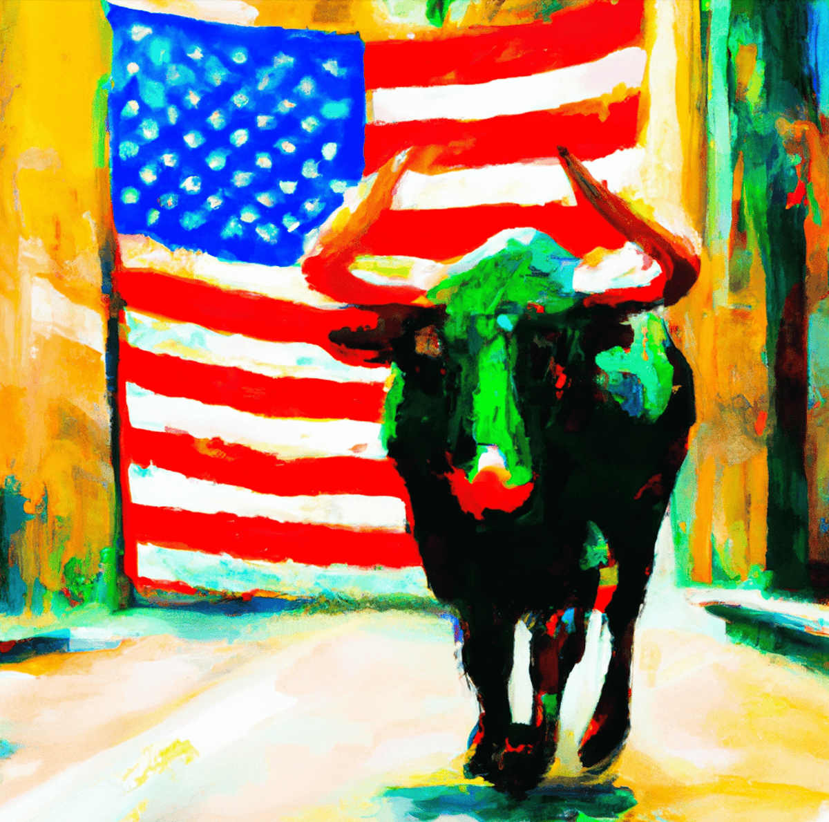Bull on Wall Street in front of a US flag