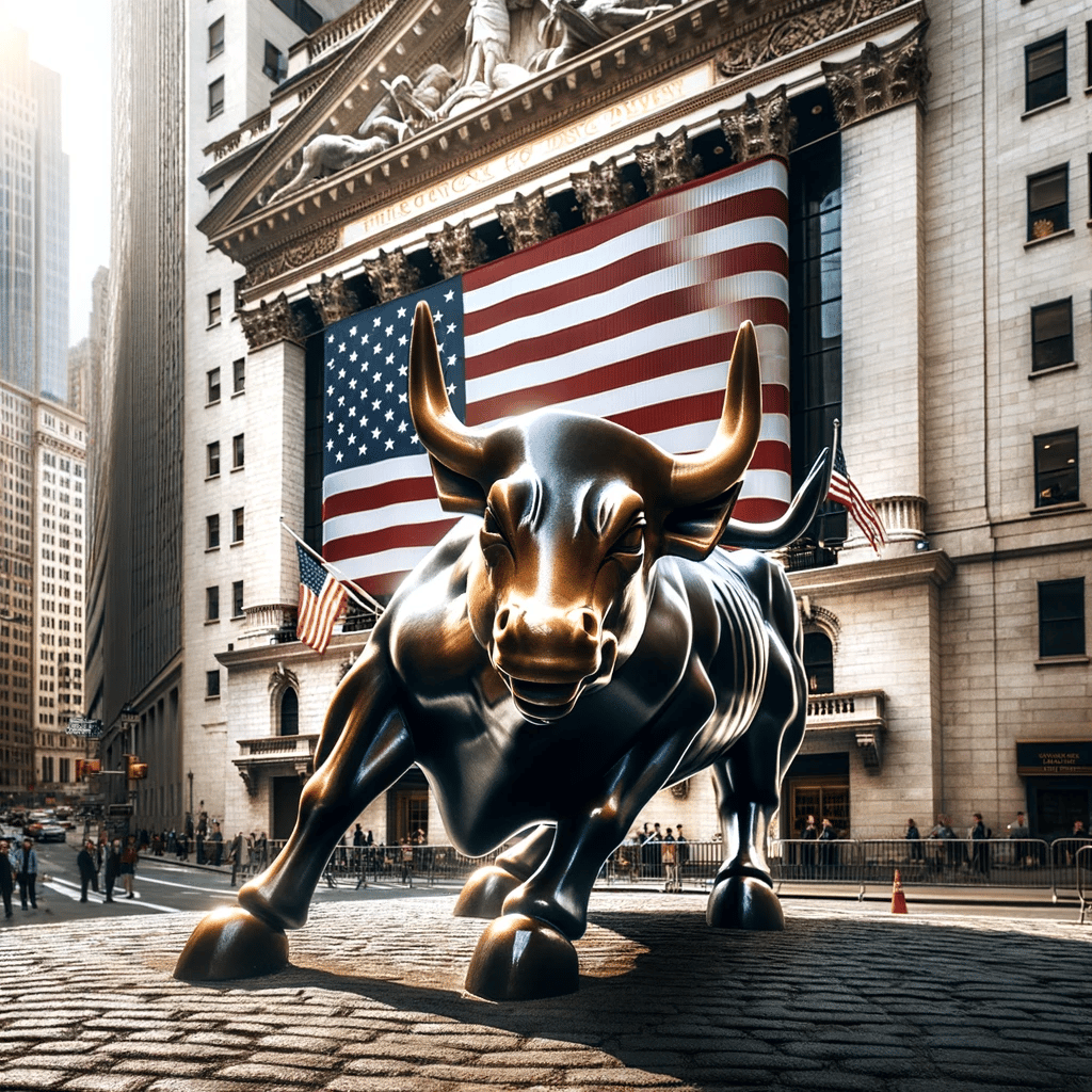 Bull in front of Wall Street with a US flag as the backdrop