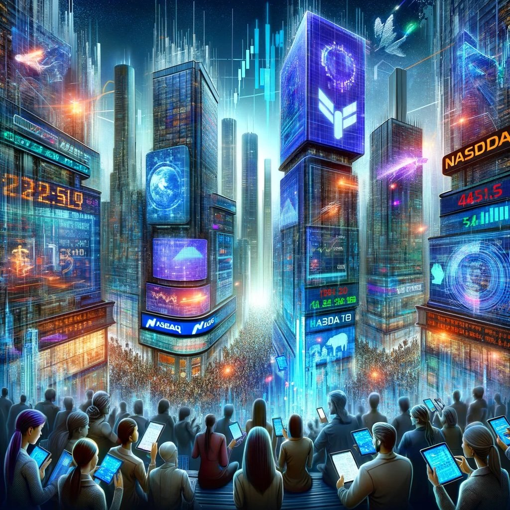 Futuristic image of people investing in the Nasdaq-100