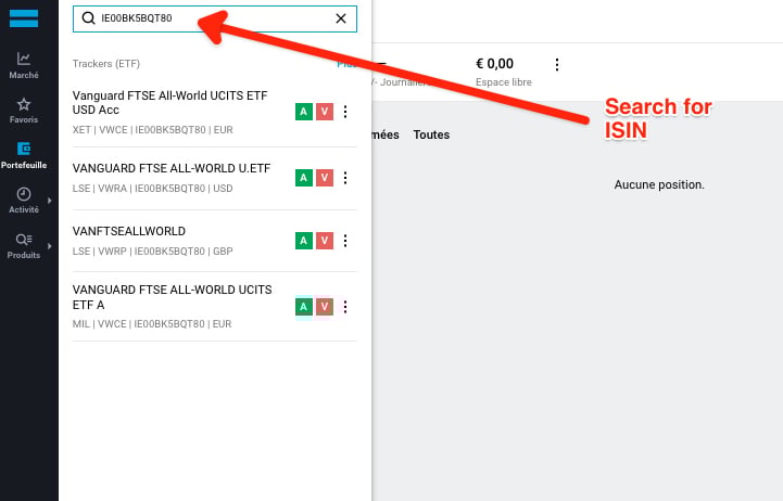 Search for the ISIN code of VWCE on Degiro