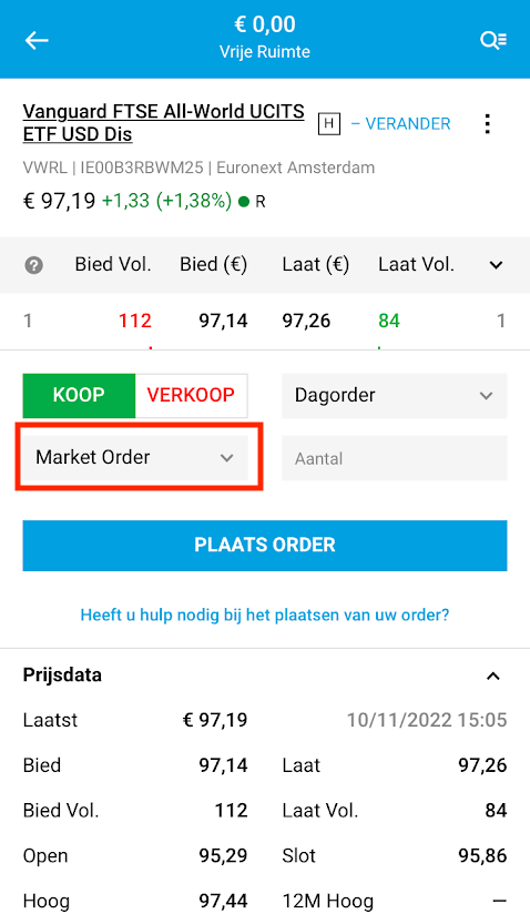 Selecting a market order on DEGIRO
