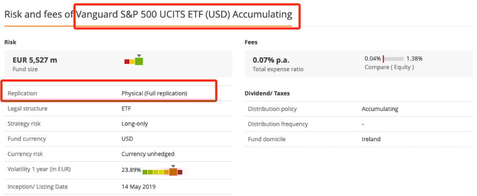 Example of a physically replicated ETF on justETF